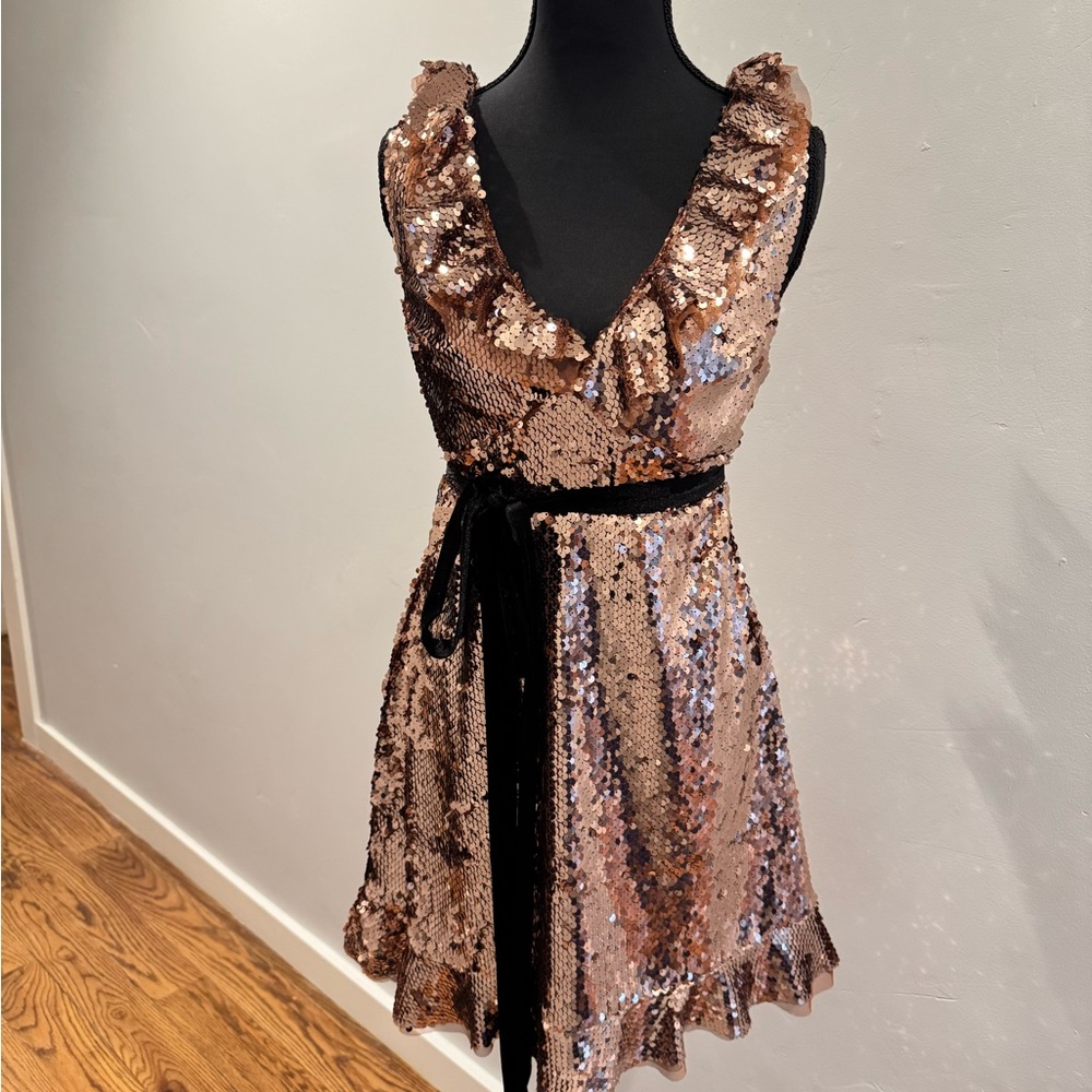 Free People Sequin Dress in Bronze or gold rose with black lace